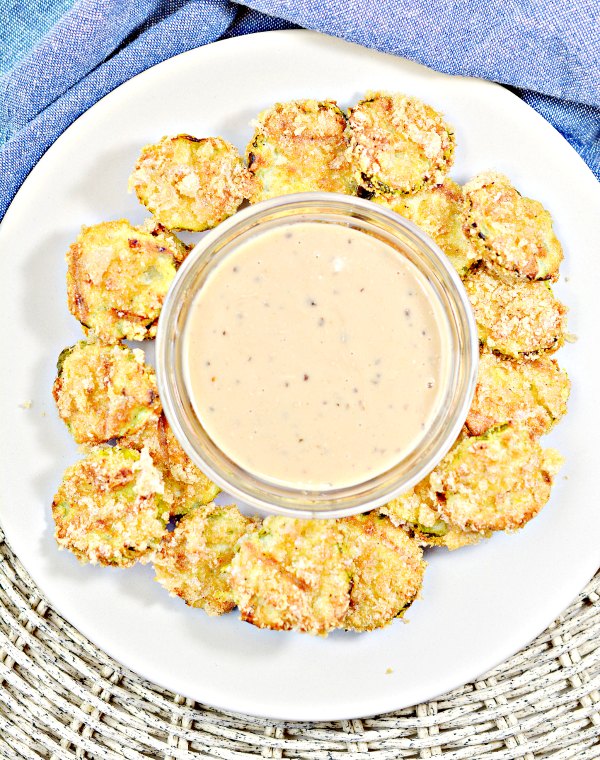 AIr fried pickle chips with dipping sauce make a keto friendly low carb snack